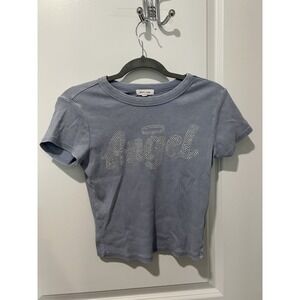 ✨ Stitch & Pine Women's Tee "Angel"‎ - Blue - Size Medium - Cropped - Bedazzled